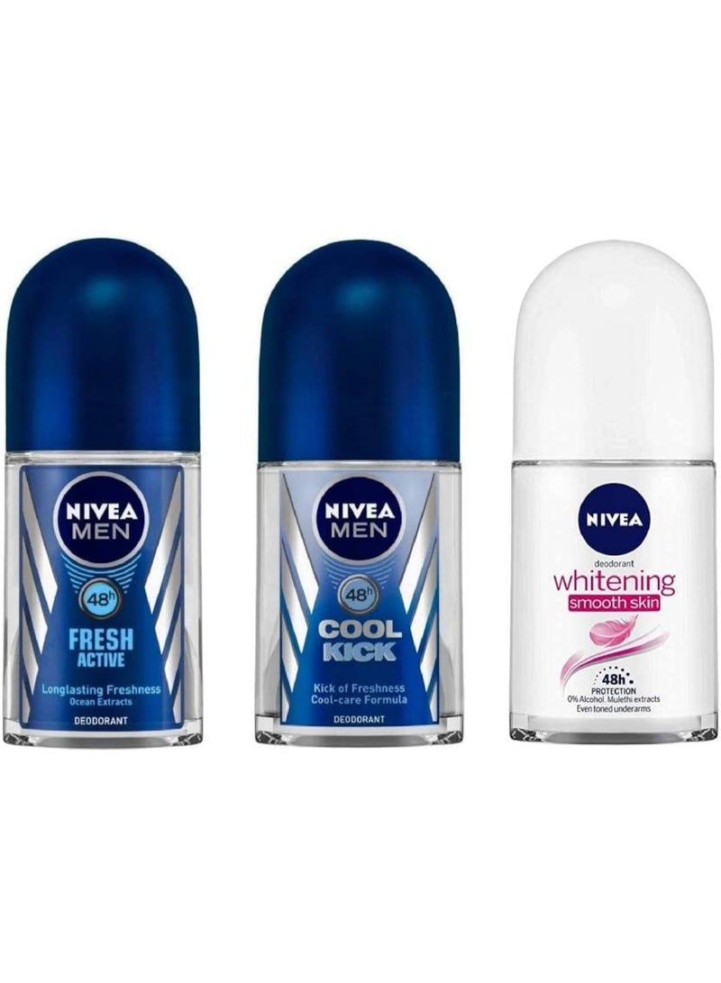 نيفيا مزيل العرق نيفيا فريش أكتيف، كولكيك آند وايتننج لتنعيم البشرة، 25 مل لكل مزيل عرق - للرجال والنساء (عبوة من 3 قطع) مزيل العرق رول أون - للرجال والنساء (75 مل، عبوة من 3 قطع) - Image 1